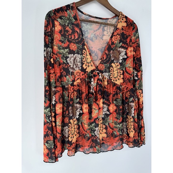 The Unbranded Brand Tops - Babydoll Mesh Sheer Floral Paisley Boho V Neck Top XL tie front Asian print Y2K